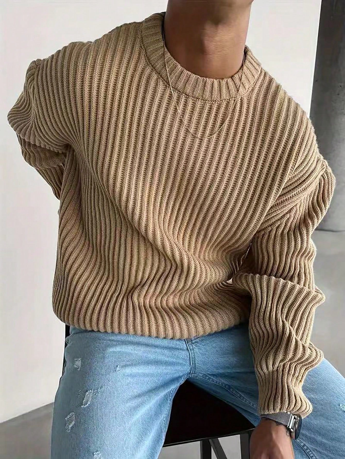 BAI YUE Men'S Autumn/Winter Retro Old Money Style Knitted Sweater, Loose round Neck Textured Pullover
