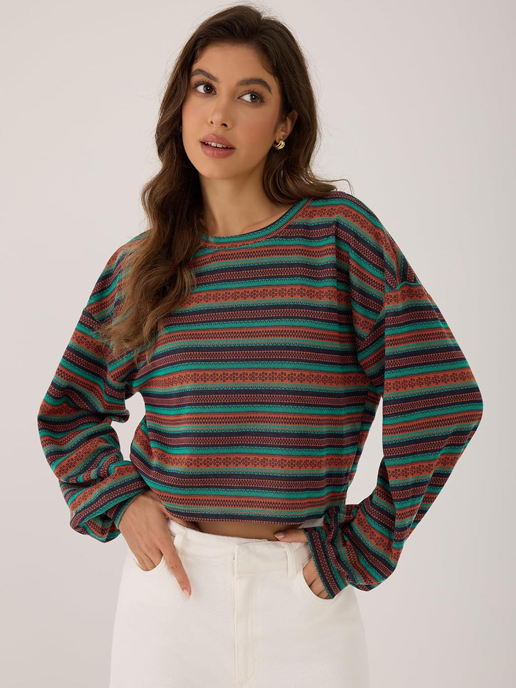 Women'S Tribal Ethnic Graphic Cropped Knitwear Bohemian Long Sleeve Pullover Sweater Boho Drop Shoulder Knitted Top