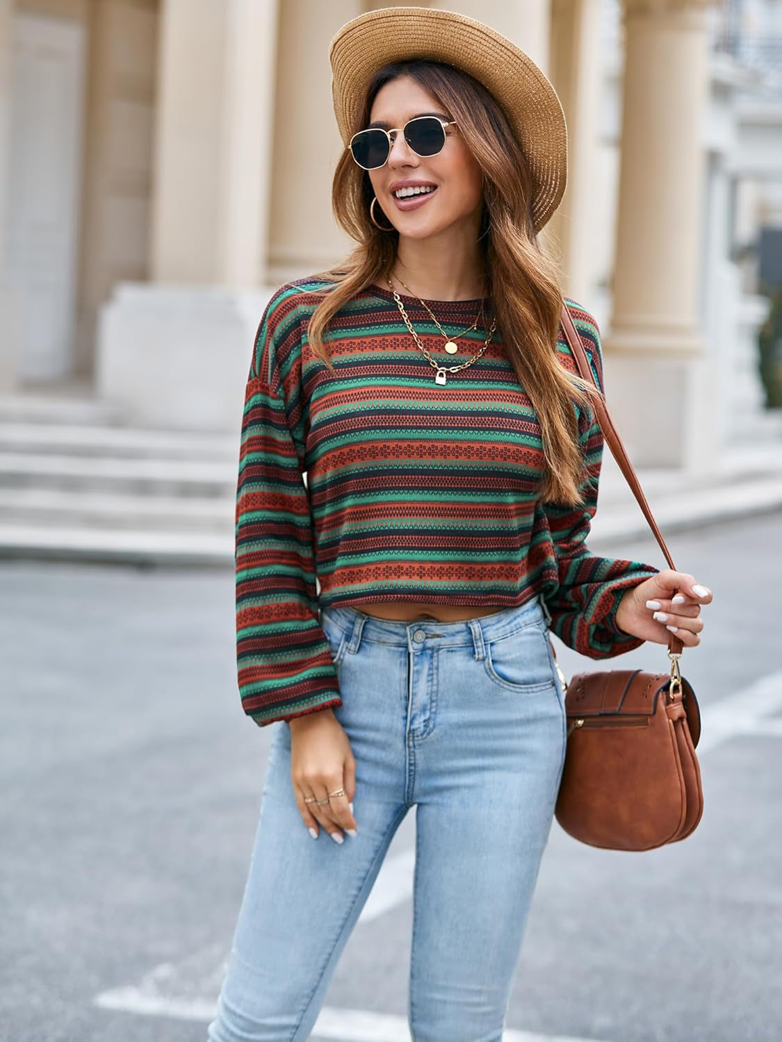 Women'S Tribal Ethnic Graphic Cropped Knitwear Bohemian Long Sleeve Pullover Sweater Boho Drop Shoulder Knitted Top