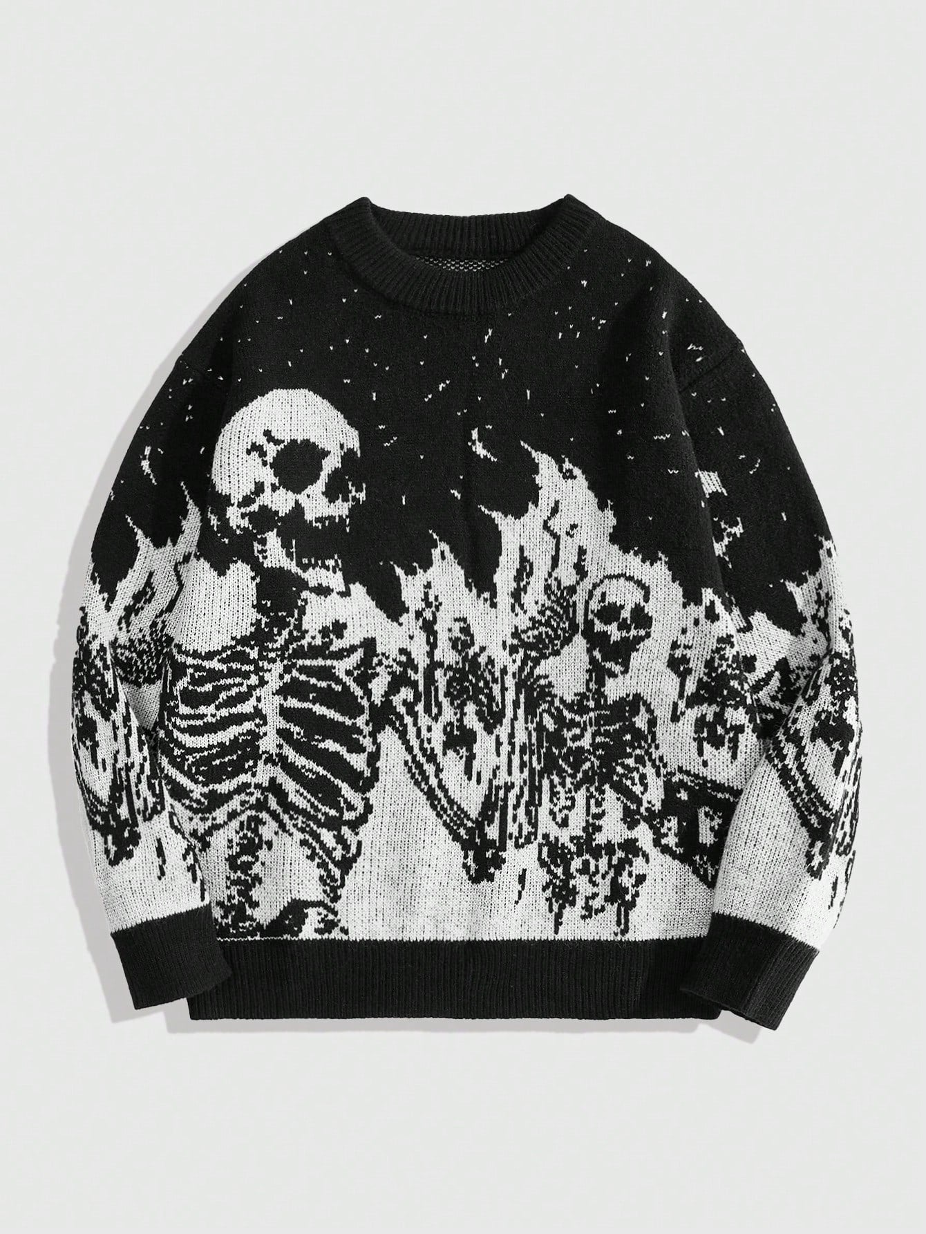 ROMWE MEN Street Life Men'S Autumn/Winter Fashion Streetwear Color Block Skeleton Jacquard Pullover Knitted Sweater, Halloween, Grunge Style