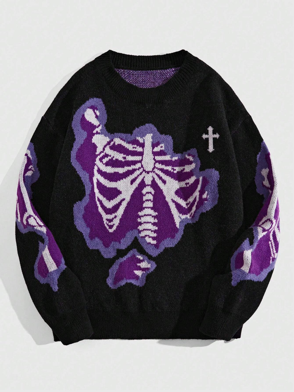 ROMWE MEN Grunge Punk Men Cross & Skeleton Pattern Pullover Sweater for Halloween, School, for Fall Winter, Grunge Style