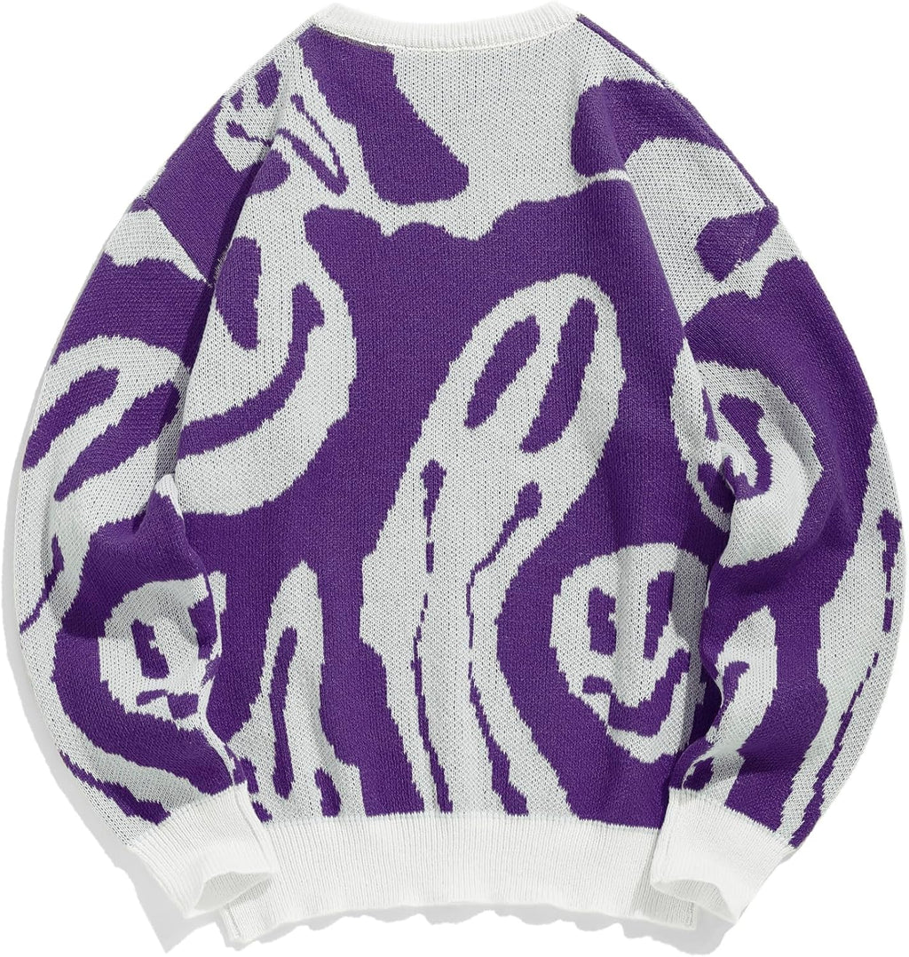 Mens Y2K Aesthetic Flame Graphic Casual Sweater Loose Knit Jumper Pullover Long Sleeve Crewneck Sweaters